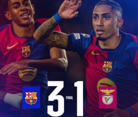 【欧冠】巴萨3比1本菲卡晋级，亚马尔传射，拉菲双响